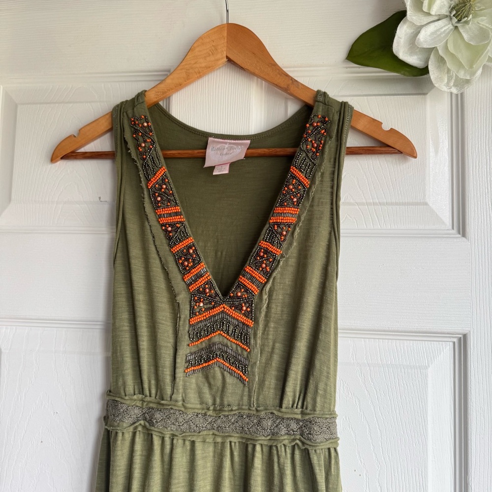 Romeo & Juliet Couture Beaded Olive Green Tiered Maxi Sundress - Picture 4 of 10